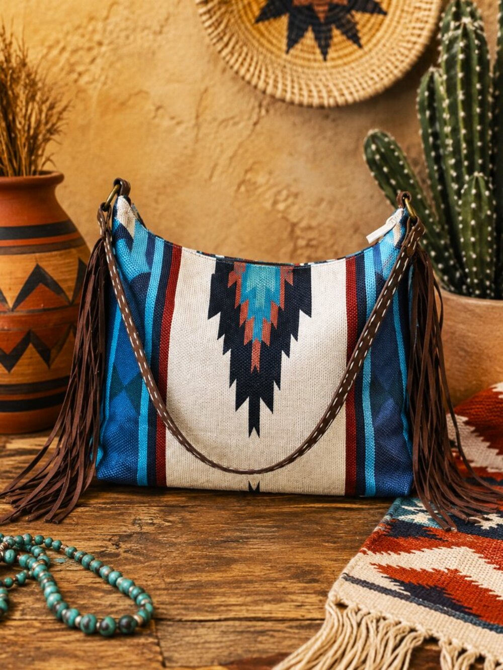 Southwestern Beige Fringe Tote Bag Purse Faux Leather Western Aztec Canvas NWT